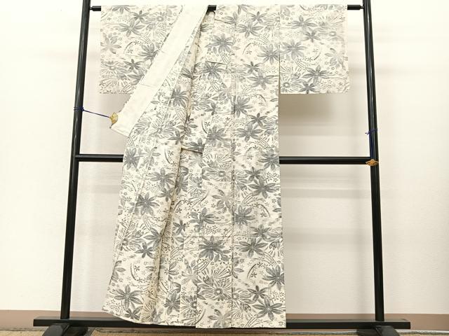 平和屋着物▽上質な紬 単衣 花尽くし 正絹 逸品 BAAT9106yc