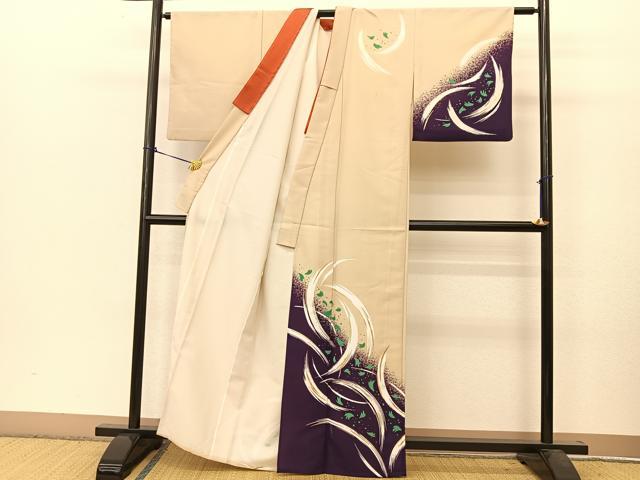 平和屋着物▽訪問着 単衣 草葉文 金彩 洗える着物 BAAT9122yc