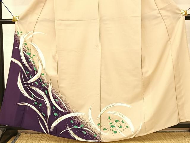 平和屋着物▽訪問着 単衣 草葉文 金彩 洗える着物 BAAT9122yc