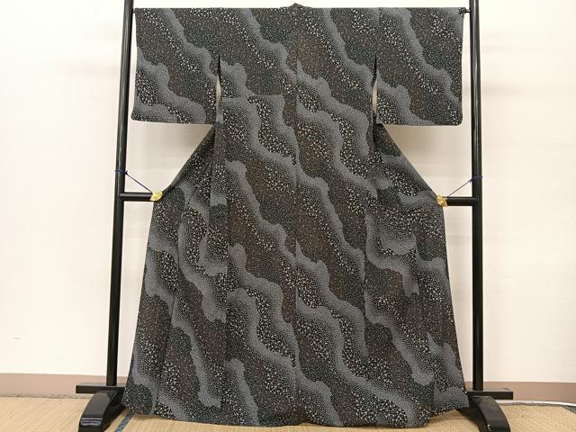 平和屋着物▽小紋 単衣 道長花唐草文 黒地 洗える着物 BAAT9133yc