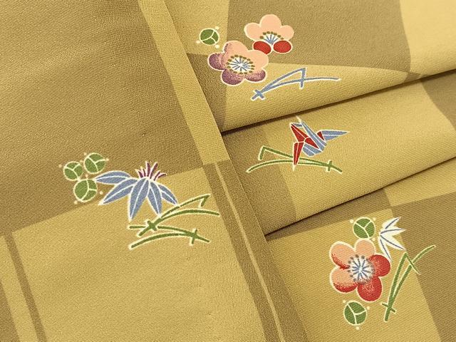 平和屋着物▽小紋 単衣 草花文 折り鶴 洗える着物 未使用 BAAT9139yc