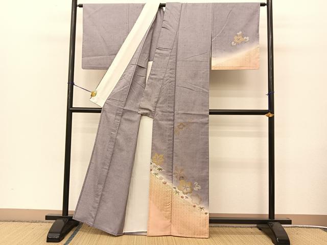 平和屋着物▽訪問着 単衣 紬地 草花文 暈し染め 金彩 銀通し地 正絹 逸品 BAAT9140yc