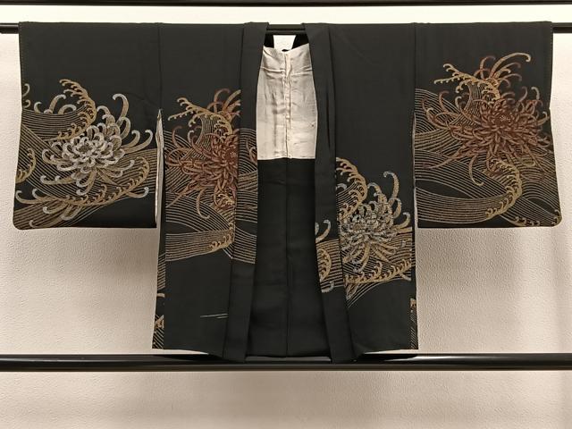 平和屋着物#羽織 お召地 乱菊 立波文 黒地 金銀糸 正絹 逸品 BAAT9244gt