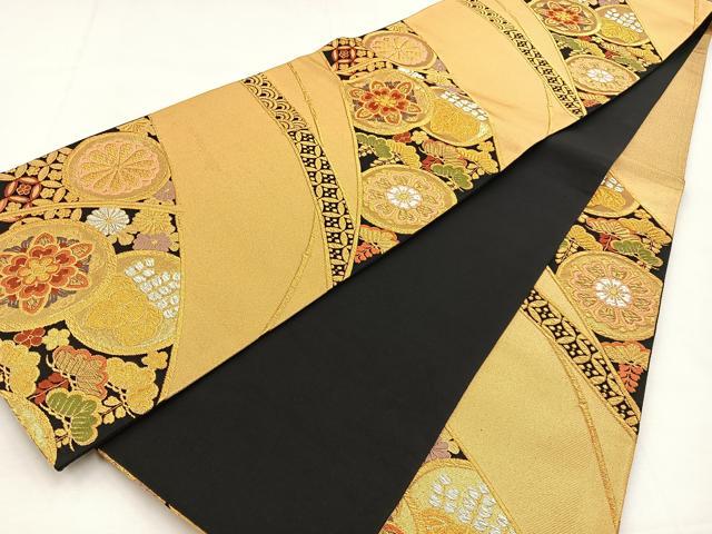 平和屋着物◎六通柄袋帯 唐織 花丸文 黒地 金銀糸 正絹 逸品 BAAT9837hj