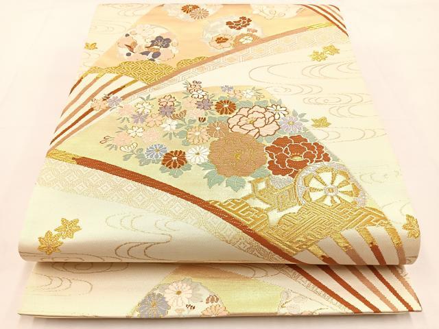 平和屋着物◎六通柄袋帯 唐織 扇面花車文 金銀糸 正絹 逸品 BAAT9842hj