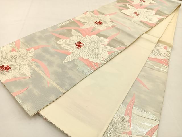 平和屋着物◎六通柄袋帯 唐織 カトレア 銀糸 正絹 逸品 BAAT9873hj