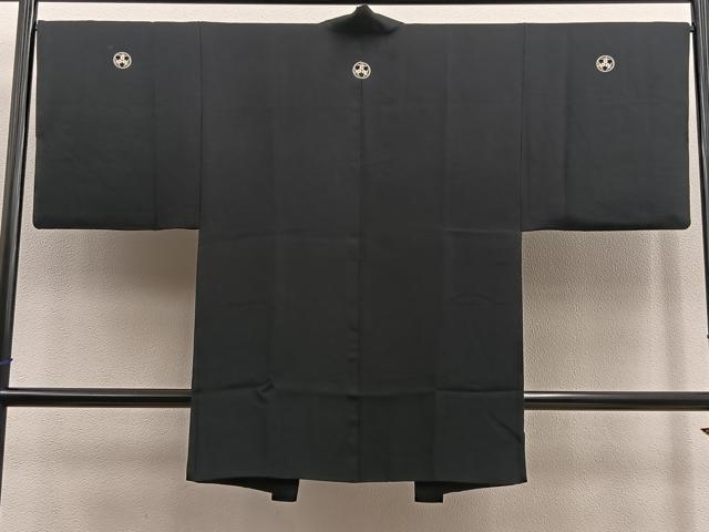 平和屋着物∞男性 長羽織 黒紋付 羽裏:動物丸文 正絹 逸品 BAAU0022gt