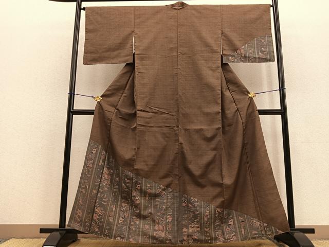 平和屋着物●訪問着 紬地 型染め 吉祥風景間道 正絹 逸品 BAAU0187gt