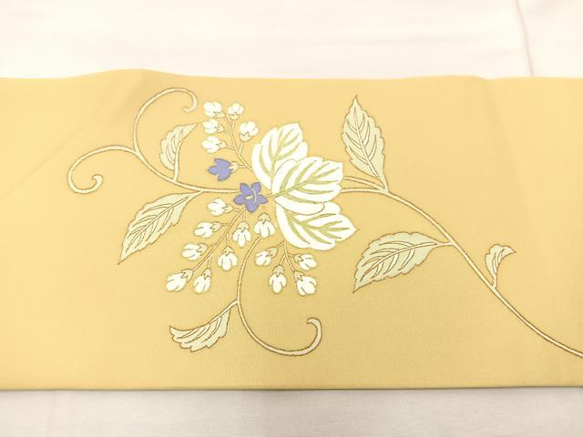 平和屋着物●塩瀬 九寸名古屋帯 駒刺繍 草花丸文 金糸 正絹 逸品 未使用 BAAU0352mz