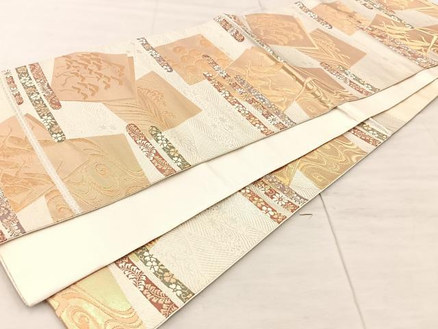 平和屋着物◎六通柄袋帯 色紙重ね飛鶴花文 銀糸 正絹 逸品 BAAU0372mz