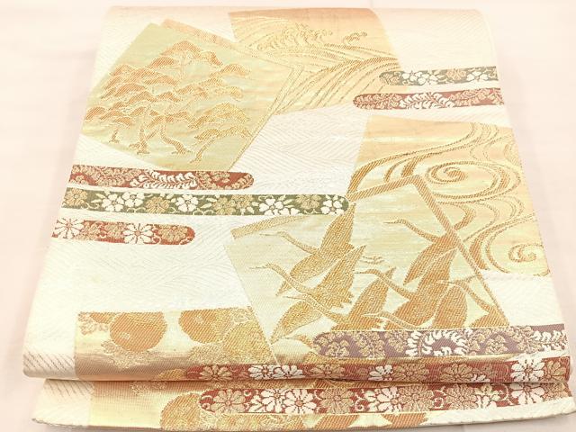 平和屋着物◎六通柄袋帯 色紙重ね飛鶴花文 銀糸 正絹 逸品 BAAU0372mz