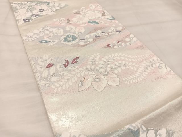 平和屋着物◎六通柄袋帯 草花文 銀糸 正絹 逸品 BAAU0430mz