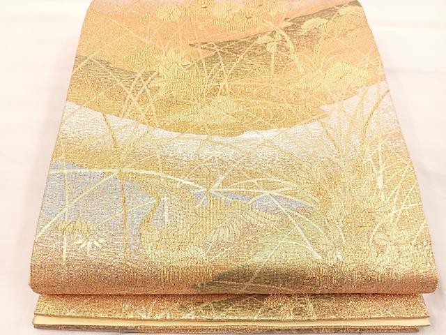 平和屋着物◎六通柄袋帯 群鶴花文 金糸 正絹 逸品 BAAU0644mz