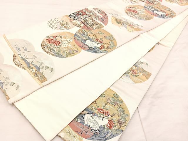 平和屋着物◎六通柄袋帯 唐織 群鶴御所車花丸文 金糸 正絹 逸品 BAAU0658mz