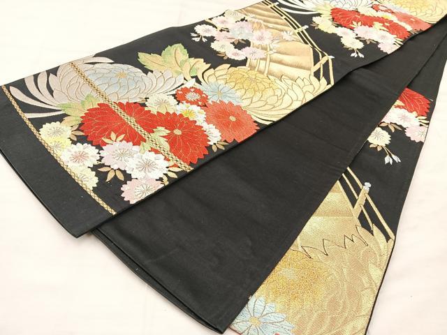 平和屋着物◎六通柄袋帯 唐織 渡橋花文 黒地 金糸 正絹 逸品 BAAU0662mz