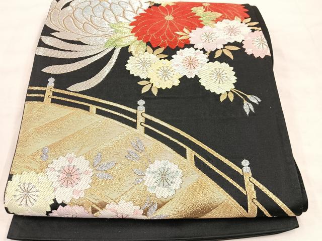 平和屋着物◎六通柄袋帯 唐織 渡橋花文 黒地 金糸 正絹 逸品 BAAU0662mz