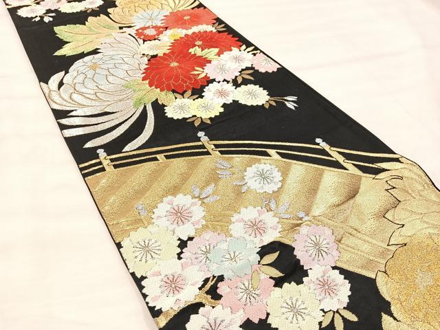 平和屋着物◎六通柄袋帯 唐織 渡橋花文 黒地 金糸 正絹 逸品 BAAU0662mz