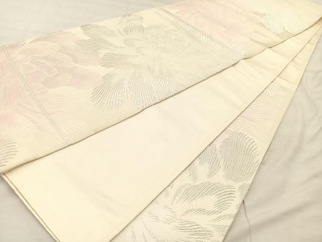 平和屋着物◎六通柄袋帯 唐織 牡丹文 銀糸 正絹 逸品 BAAU0670mz