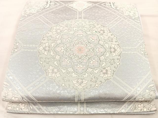 平和屋着物◎六通柄袋帯 唐織 正倉院花文 銀彩 正絹 逸品 BAAU0722mz