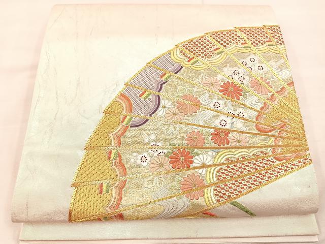 平和屋着物◎太鼓柄袋帯 総刺繍 駒刺繍 檜扇花文 金銀糸 引箔 正絹 逸品 BAAU0757mz
