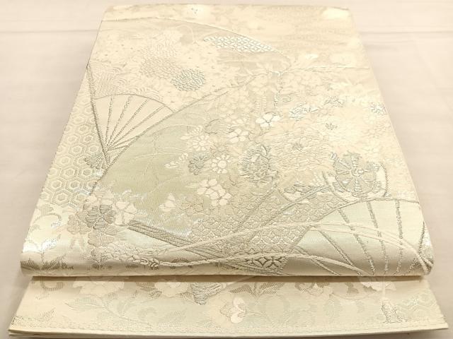 平和屋着物◎六通柄袋帯 唐織 美保姿 扇面花車文 銀糸 正絹 逸品 BAAU0810hv