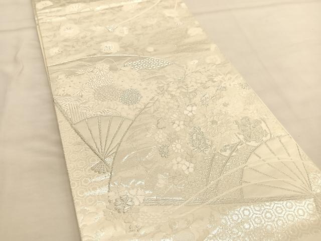 平和屋着物◎六通柄袋帯 唐織 美保姿 扇面花車文 銀糸 正絹 逸品 BAAU0810hv