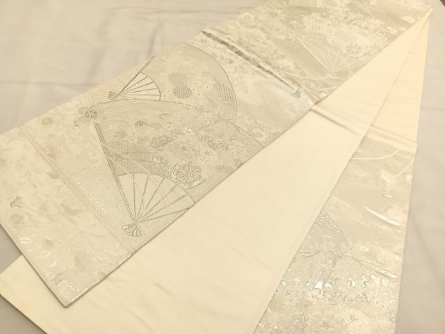 平和屋着物◎六通柄袋帯 唐織 美保姿 扇面花車文 銀糸 正絹 逸品 BAAU0810hv