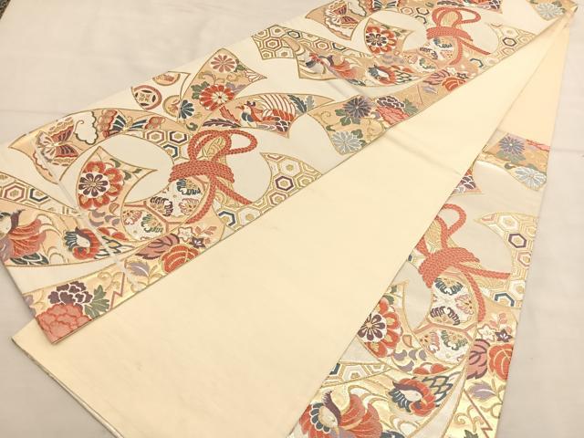 平和屋着物◎六通柄袋帯 唐織 束ね熨斗鳳凰花蝶文 金銀糸 正絹 逸品 BAAU0901hv