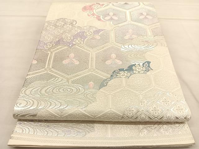 平和屋着物◎六通柄袋帯 唐織 流水亀甲花文 銀糸 正絹 逸品 BAAU0956hv