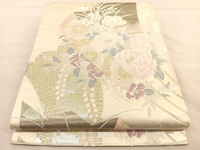 平和屋着物◎六通柄袋帯 唐織 扇面牡丹花文 金銀糸 正絹 逸品 BAAU1001hv