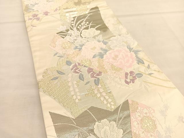 平和屋着物◎六通柄袋帯 唐織 扇面牡丹花文 金銀糸 正絹 逸品 BAAU1001hv
