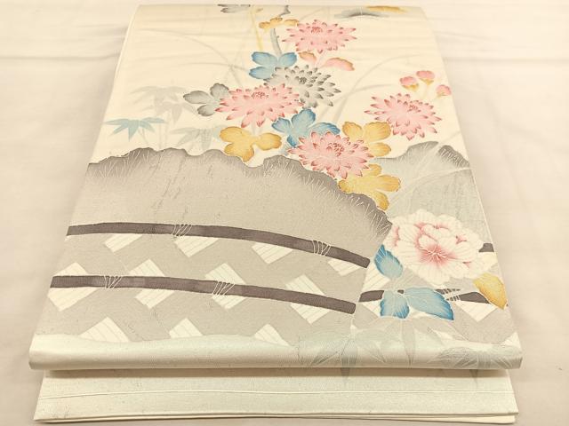 平和屋着物◎六通柄袋帯 草花文 引箔 正絹 逸品 BAAU1040hv
