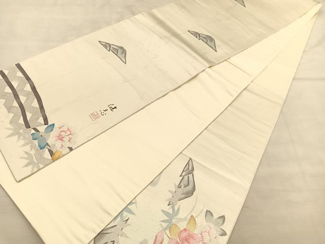 平和屋着物◎六通柄袋帯 草花文 引箔 正絹 逸品 BAAU1040hv