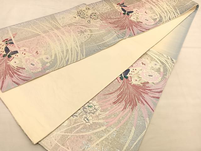 平和屋着物◎六通柄袋帯 唐織 花蝶文 銀糸 正絹 逸品 BAAU1078hv