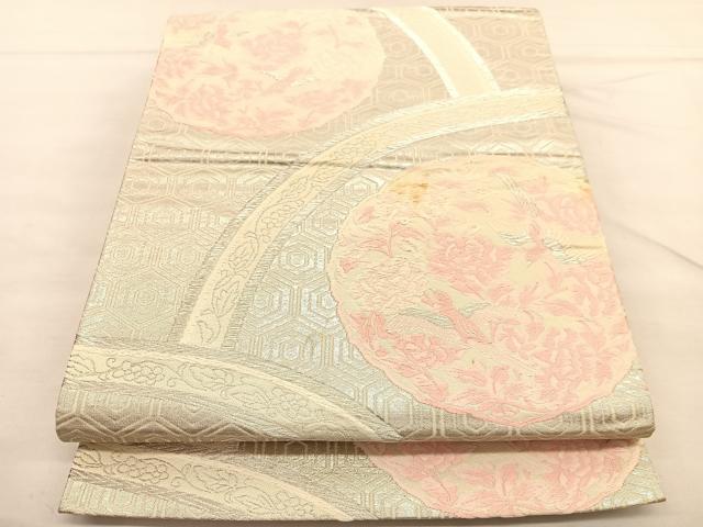 平和屋着物◎六通柄袋帯 唐織 花鳥絵皿文 銀糸 正絹 逸品 BAAU1092hv