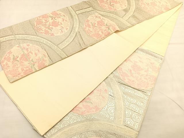 平和屋着物◎六通柄袋帯 唐織 花鳥絵皿文 銀糸 正絹 逸品 BAAU1092hv