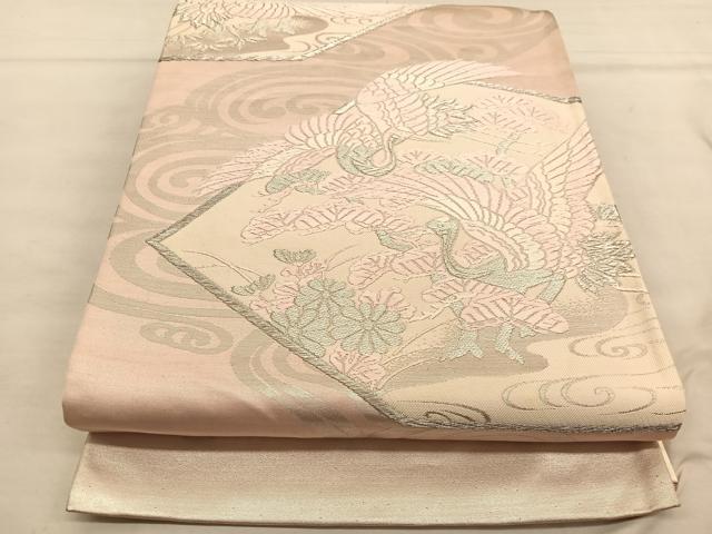 平和屋着物◎六通柄袋帯 唐織 鶴浜松文 銀糸 正絹 逸品 BAAU1114hv
