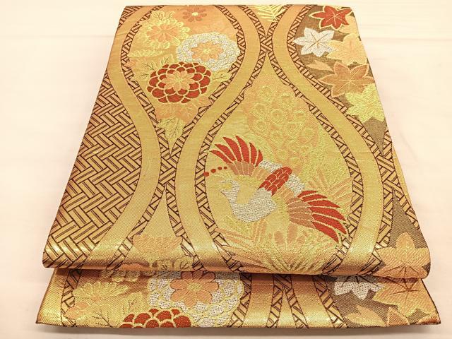 平和屋着物◎佐賀錦 六通柄袋帯 唐織 立涌孔雀花文 金糸 正絹 逸品 BAAU1134hv