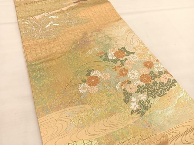 平和屋着物◎六通柄袋帯 唐織 錦秀蒔絵草花文 金糸 引箔 正絹 逸品 BAAU1146hv