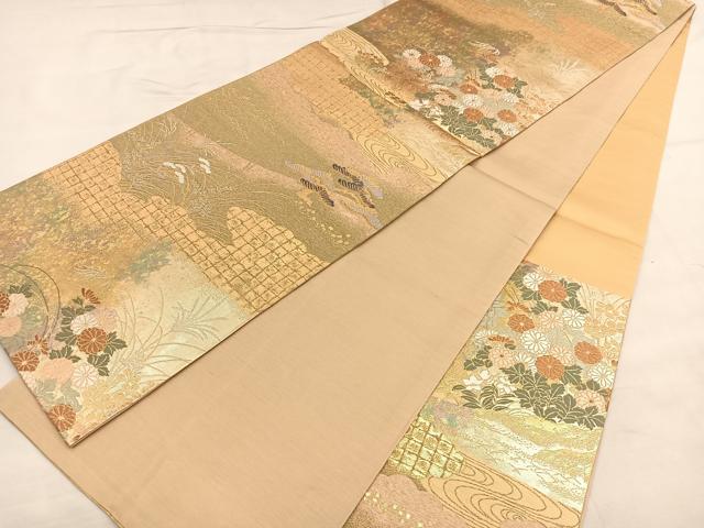 平和屋着物◎六通柄袋帯 唐織 錦秀蒔絵草花文 金糸 引箔 正絹 逸品 BAAU1146hv