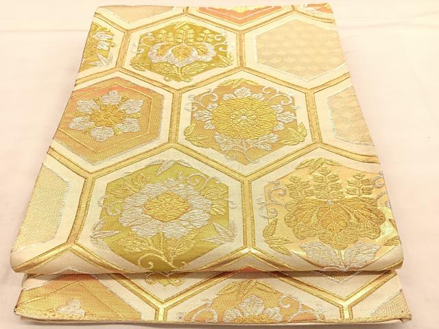 平和屋着物◎六通柄袋帯 亀甲花文 金銀糸 正絹 逸品 BAAU1219hv