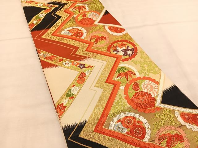 平和屋着物◎六通柄袋帯 唐織 雪輪花文 黒地 金糸 正絹 逸品 BAAU1221hv