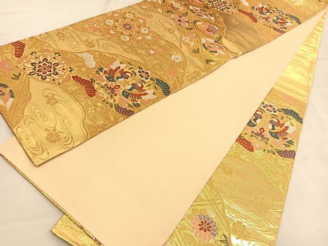 平和屋着物◎西陣 六通柄袋帯 唐織 向かい鴛鴦花文 金糸 正絹 逸品 BAAU1246hv