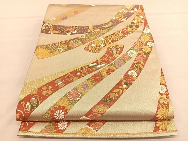 平和屋着物◎六通柄袋帯 唐織 熨斗宝尽くし花蝶文 金糸 正絹 逸品 BAAU1260hv