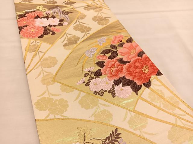 平和屋着物◎六通柄袋帯 唐織 扇面花文 金糸 正絹 逸品 BAAU1261hv