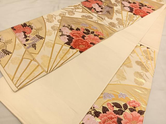 平和屋着物◎六通柄袋帯 唐織 扇面花文 金糸 正絹 逸品 BAAU1261hv