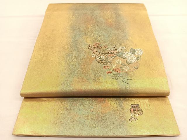 平和屋着物◎太鼓柄袋帯 唐織 花籠文 金糸 引箔 正絹 逸品 BAAU1262hv