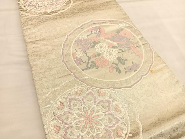平和屋着物◎六通柄袋帯 唐織 花鳥絵皿文 銀糸 正絹 逸品 BAAU1297hv