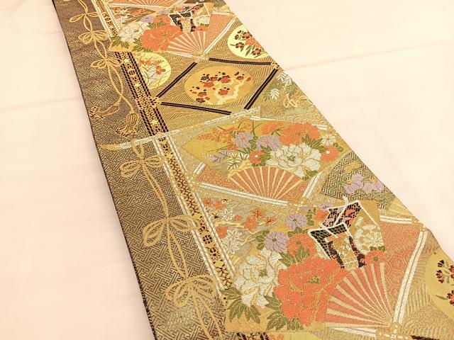 平和屋着物◎佐賀錦 六通柄袋帯 唐織 寿宝 扇面御所車花文 九百錦 金糸 正絹 逸品 BAAU1308hv