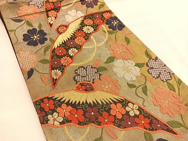 平和屋着物◎六通柄袋帯 唐織 ふくれ織 番傘花文 金糸 正絹 逸品 BAAU1331hv
